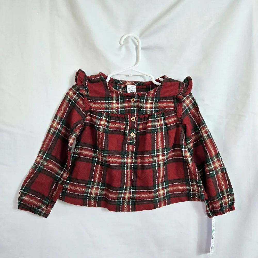 Carters Girl Red Green Ivory Plaid Long Sleeve Ruffle Flannel Holiday Top 2T NWT